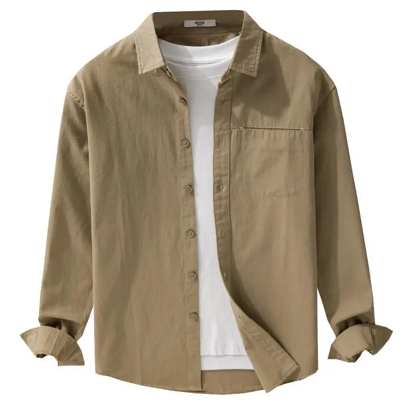 Moda juventude masculina longo sweed irts workwear solto ajuste algodão ket detalhe casual longo sve botão até cor pura