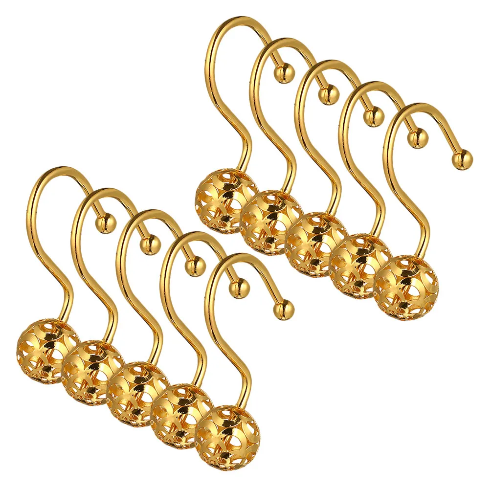 24Pcs Golden Shower Curtain Hooks Hollow Ball Design Smooth Gliding Metal Rings Decorative Bathroom Drapery Hardware