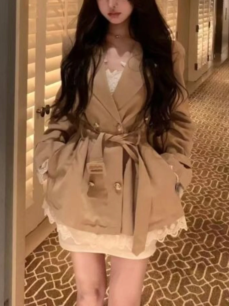 

Зимний теплый корейский модный женский плащ цвета хаки, французское кружево в стиле пэчворк, повседневный дизайн, ветровка средней длины, женская одежда