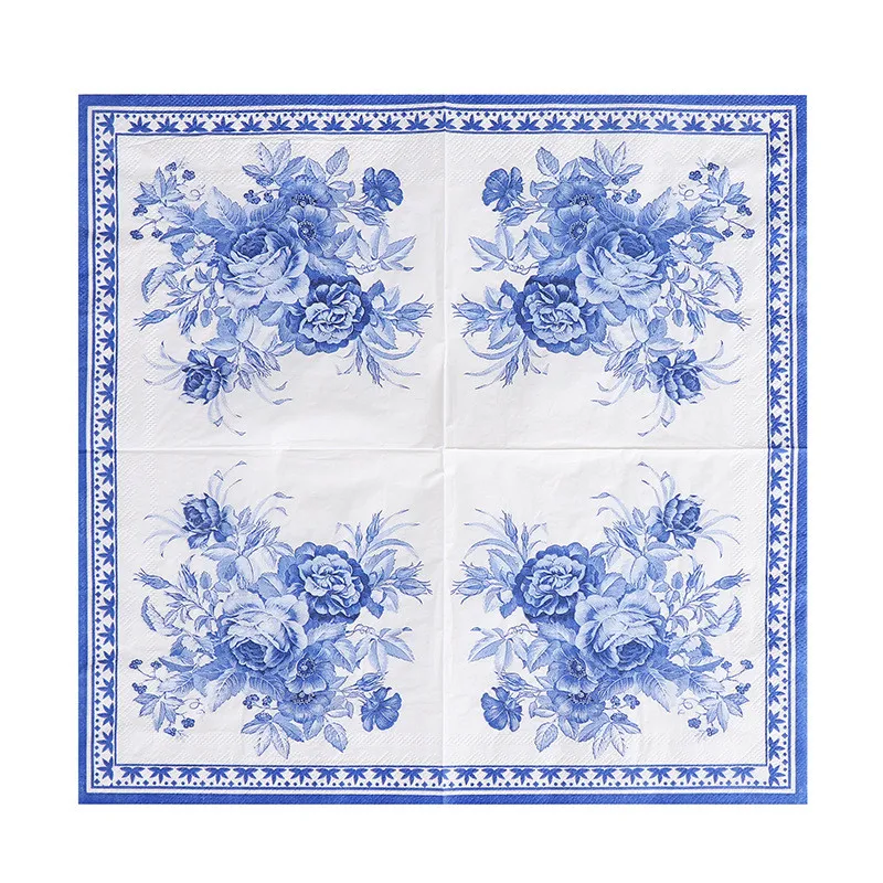 20Pcs/pack Blue Flower Series Paper Cocktail Square Dinner Napkins For Wedding Birthday Baby Shower Decoration