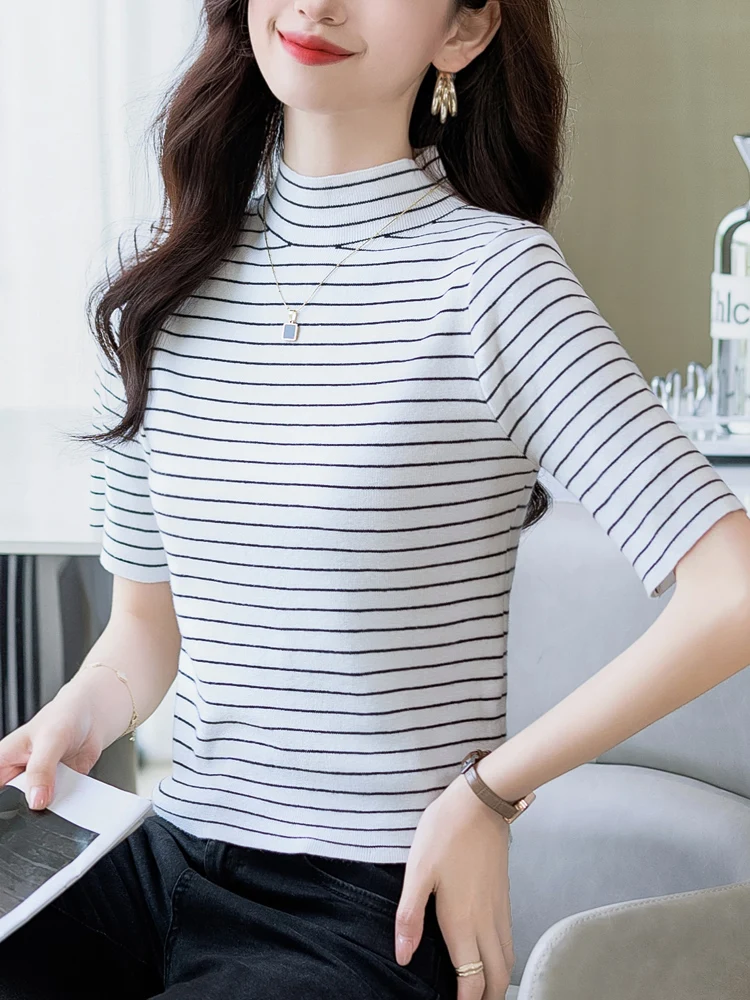 Ice Silk Mid-Sve Knitted Top Women's ort Sle f High Collar Summer T-irt Striped Faionable Small Size Commute Sle