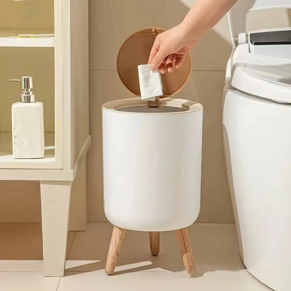 

Durable Press Cover Waste Bin Round Shape White Color Paper Basket with Lid High Leg Trash Can Living Room