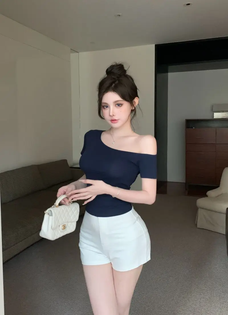 

Off Shoulder T-Shirt Women Back To Schools Short Sleeve Crop Design Detail Black Summer Lightweight Basic Stretchy Half Bodycon