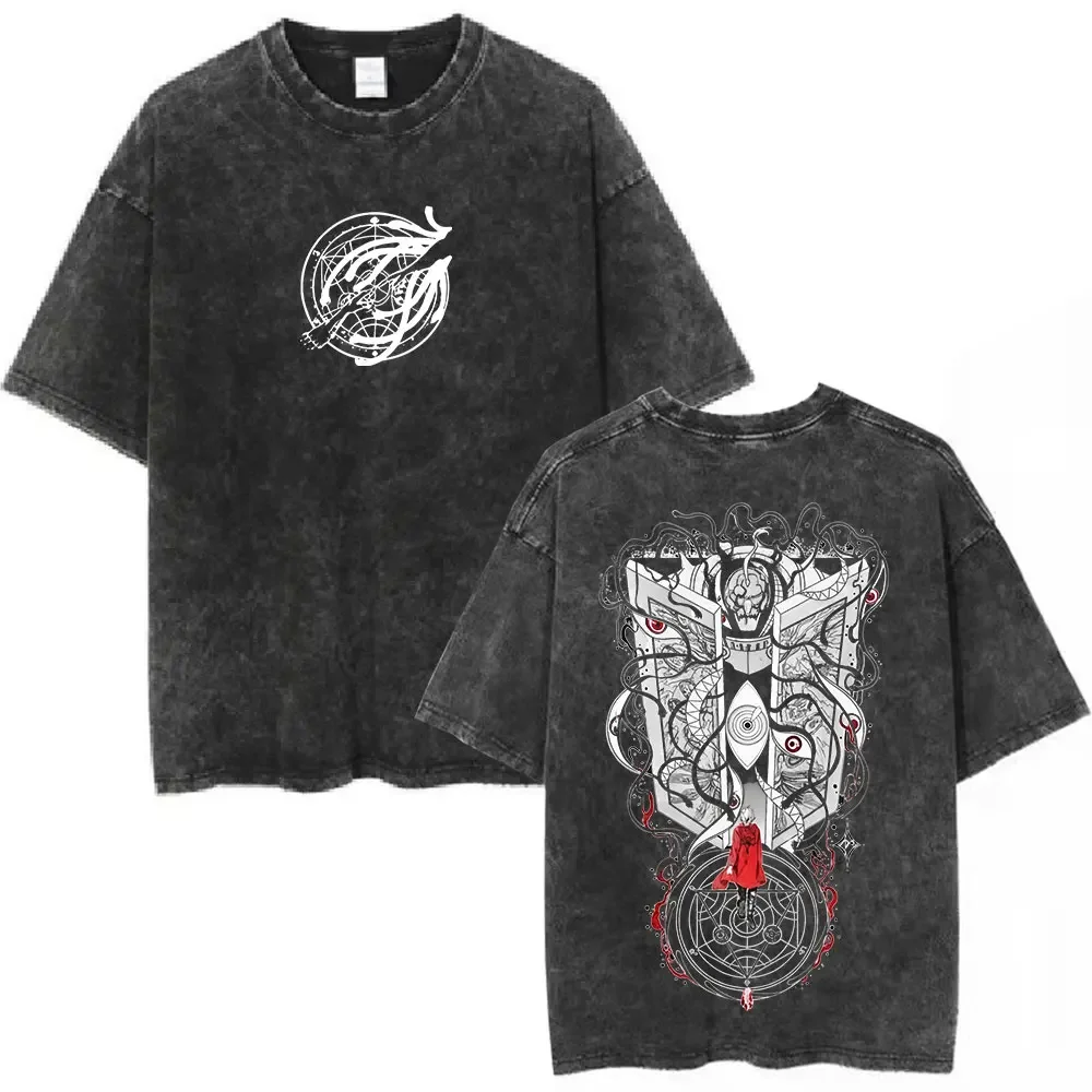 

Washed Vintage Anime Fullmetal Alchemist Edward Elric Graphic T-shirt Men Women Casual Oversized T Shirts Retro Cotton T-shirts