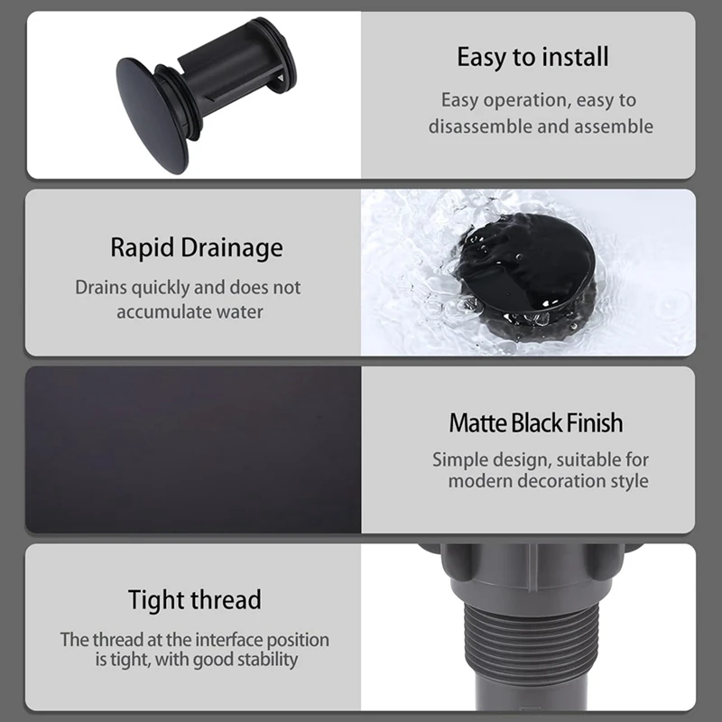 2 buah wastafel kamar mandi Drain dengan Overflow Matte hitam ABS Vanity Sink Clicker Drain Stopper