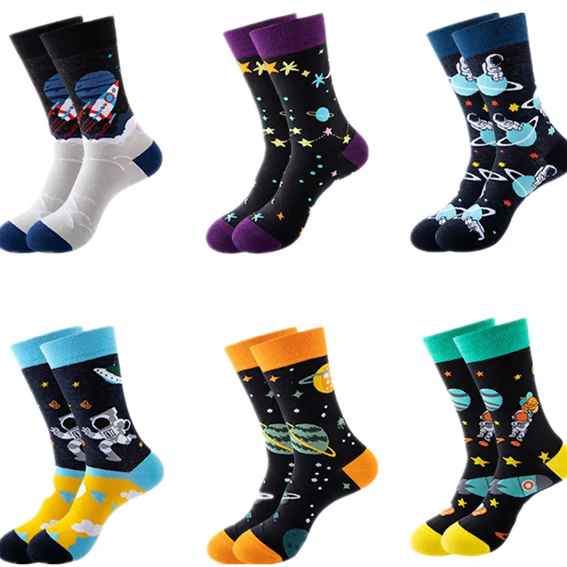 New Trend Couple Middle Tube Socks Men Female Cartoon Outer Space Series Cotton Creative Women's Socks for 4 Seasons Women Gifts