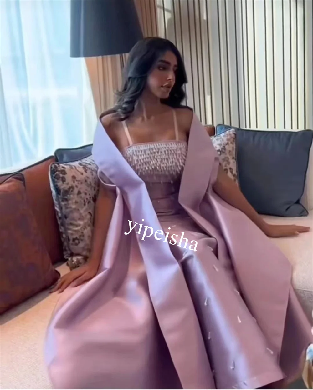 Customized  Evening Saudi ArabiaBall   Satin Beading Beach Sheath Strapless Bespoke Occasion Gown Midi es