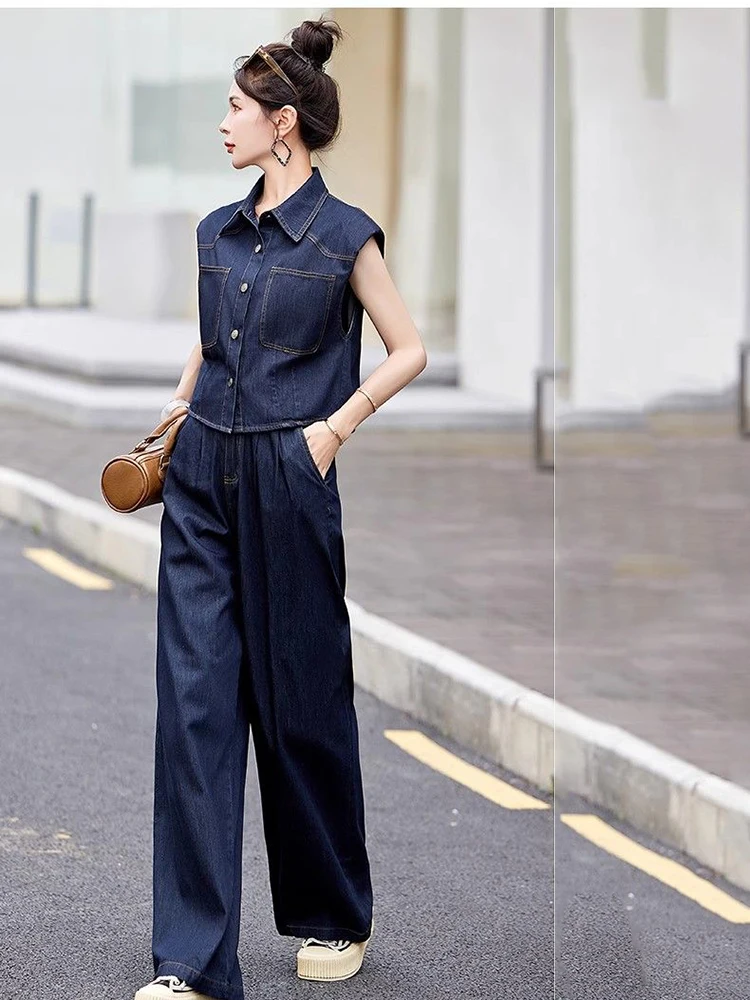 High Quality French Denim Two Piece Set Women Jeans Jackets Sleeveless Coat Loose Wide Leg Pants Casual Streetwear Outfits