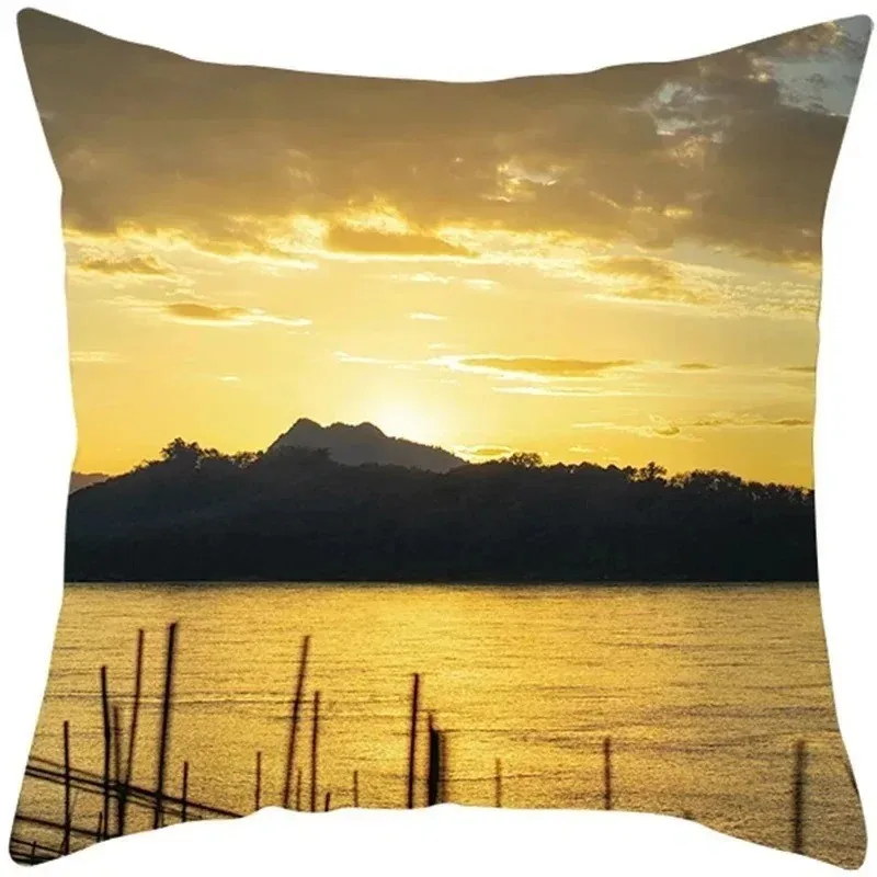 Landscape River Flowers Sunset Lighthouse Pattern Suitable For Sofa, Bedroom, Car, Pillow Cover