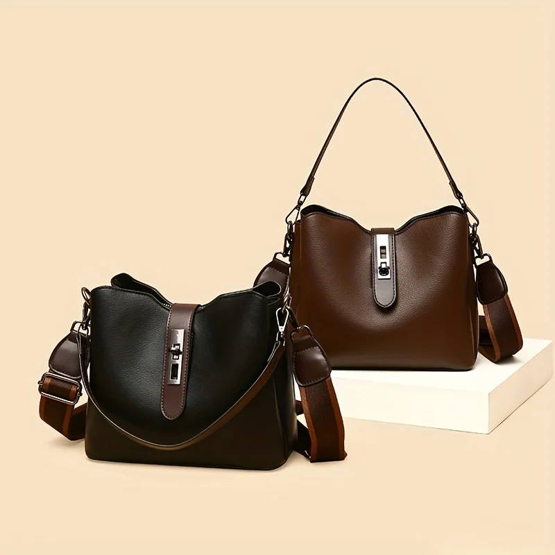 

Elegant Women's PU Leather Shoulder Bag With Adjustable Strap, Retro Bucket Crossbody Purse With Multiple Compartments, Two-Tone