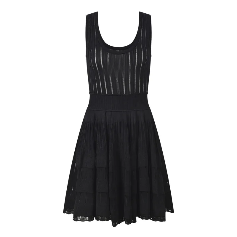 فستان CHUJIE منسوج بطيات - حمالة مجوفة على شكل حرف U - ضيق للخصر - ملابس صيفية بدون أكمام - مزيج فيسكوز قابل للتمدد