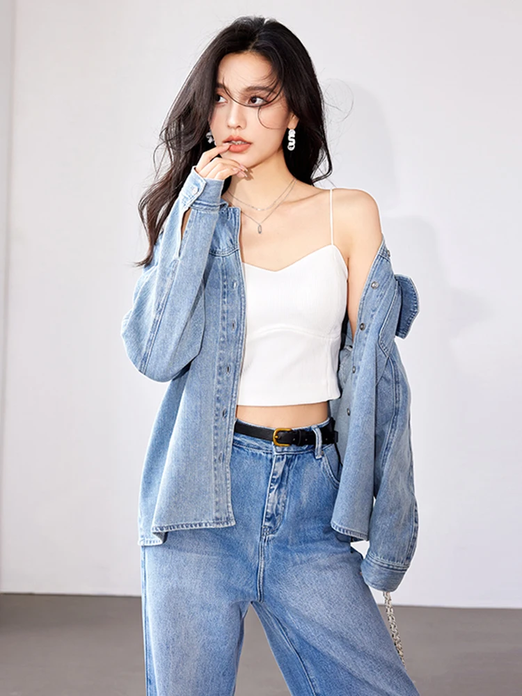 Korean Style Casual Loose Retro Denim Shirt Women 2024 New Fashion Simple Long-Sleeved Commuter Denim Coat Top