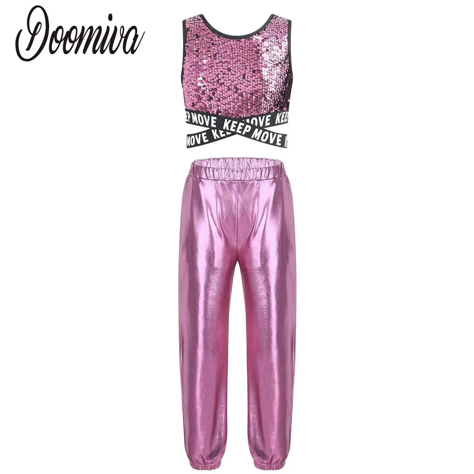 

Kids Girls Sport Street Dance Costume Set Sparkling Sequin Sleeveless Crop Top with Metallic Pants for Dance Hip-hop Performance