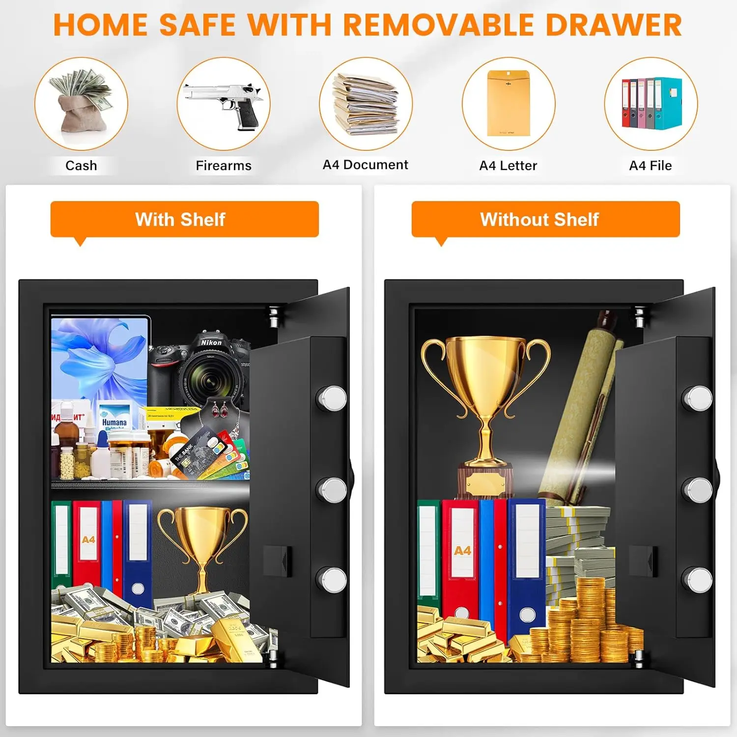 3.0 Cub Brankas Rumah Besar Tahan Api Tahan Air, Kotak Aman Atap Tembak Digital dengan Tas Tahan Api, Kunci Kombinasi dan Sistem Alarm