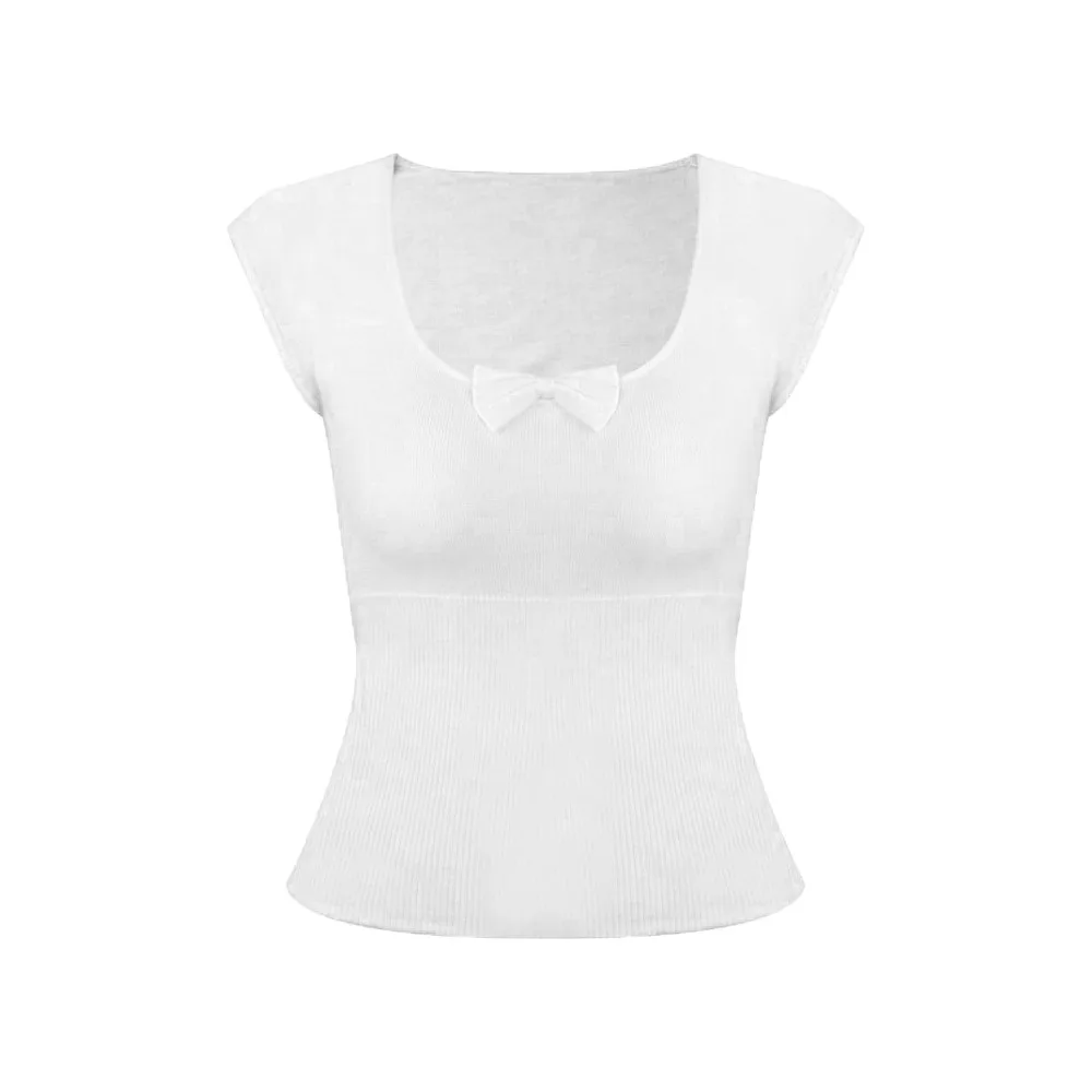 

Round Neck Korean Y2K Crop Tops Solid Color Short Sleeves Bowknot Knit T-shirt Women Clothing Sweet Slim Short T-shirt