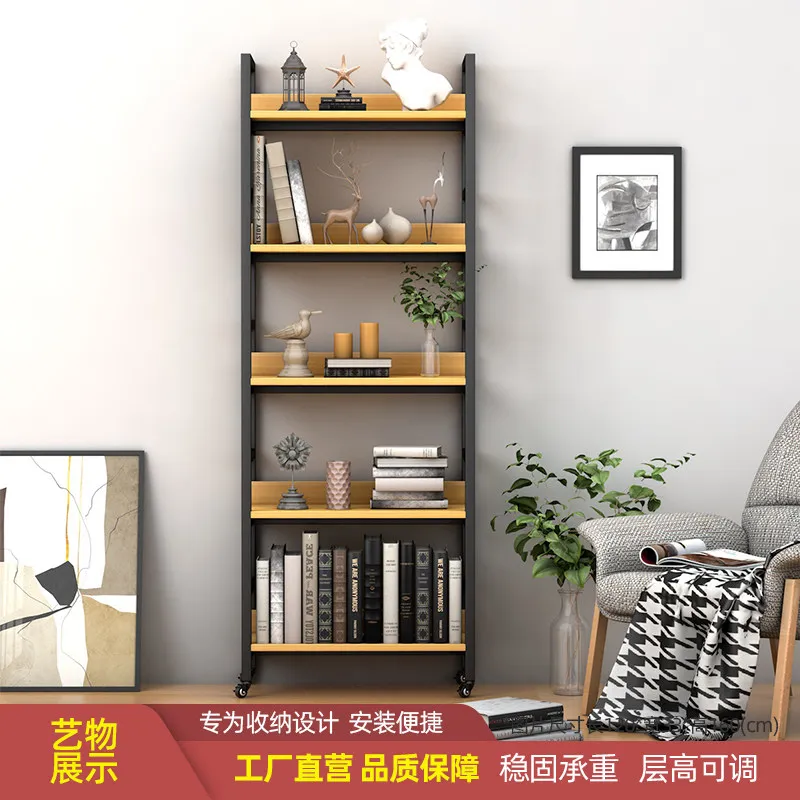 Shelf Household Wheel Multi-layer Steel Wood Removable Bookshelf Bookcase Floor Storage Living Room Bedroom Library
