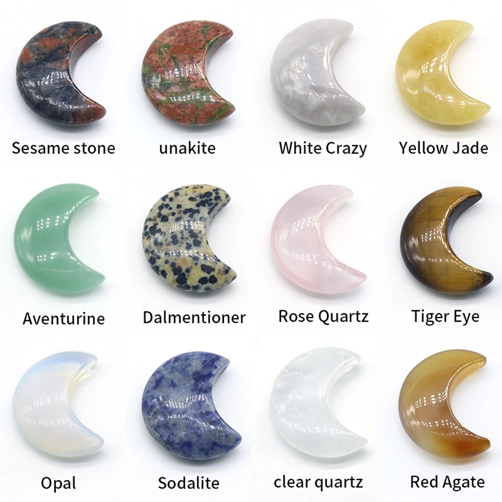 

Natural Stone Crystal Colorfull Mascot Meditation Jewelry Moon Shaped Statue Tiger Eye Quartz Polished Gem Collection Home Decor