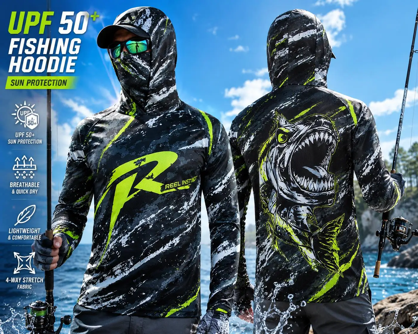 Men's Hooded Fishing Shirt UPF Sun Protection Breathable Long Sleeve Quick Dry Outdoor Angling Jersey With Face Cover view 2