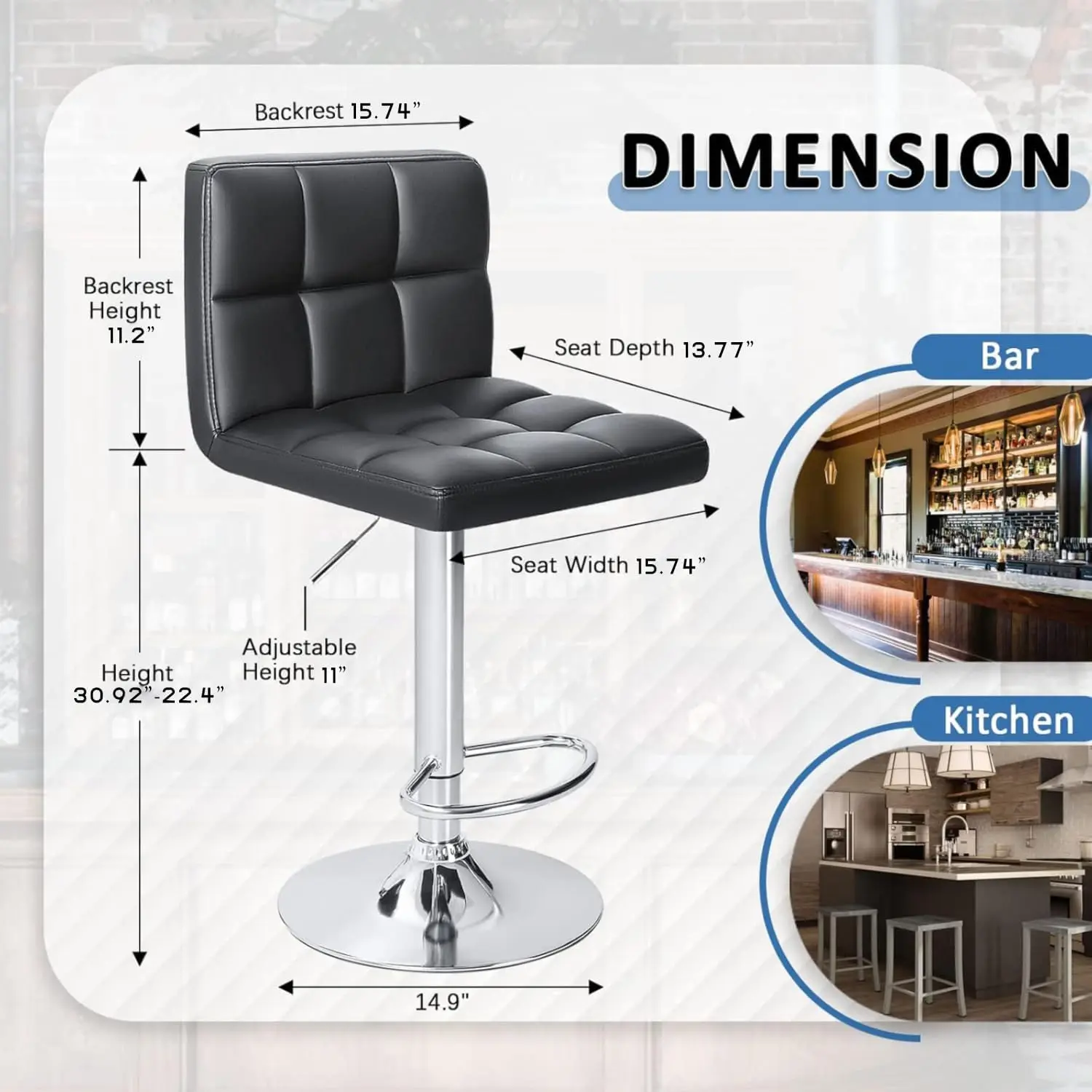 Armless ไฮดรอลิกเคาน์เตอร์ครัวเก้าอี้บาร์ความสูงพิเศษ Square Island Barstool พร้อมชุดด้านหลัง 2 ชิ้น (หนัง, สีดํา)