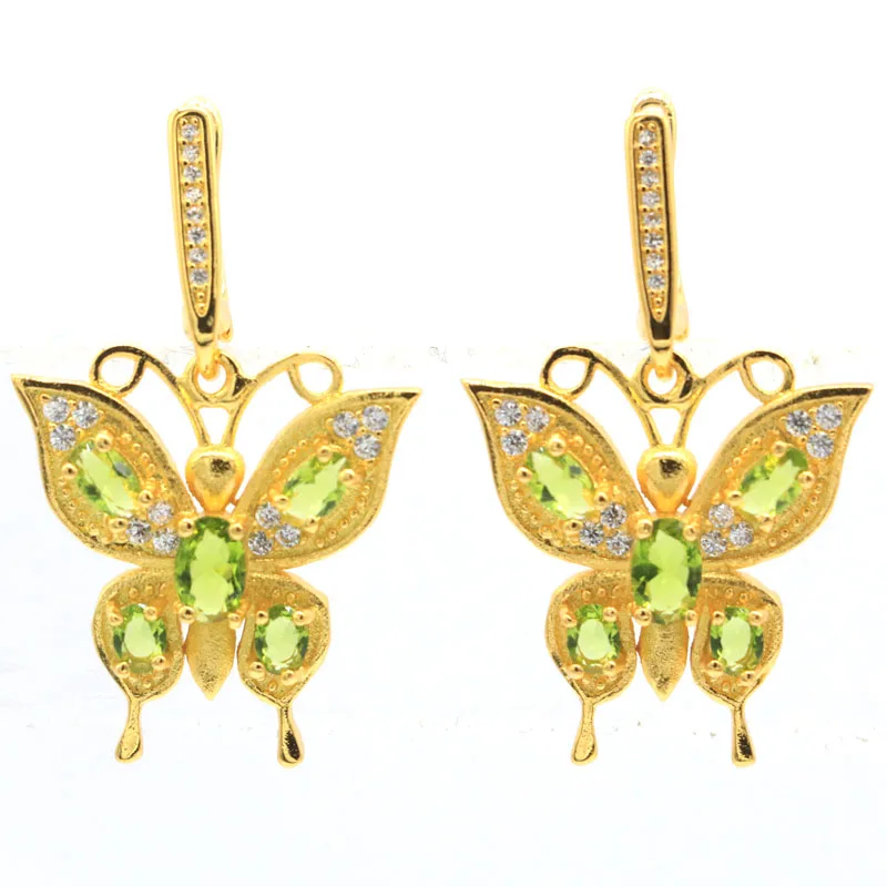 Pendientes colgantes de plata y oro con forma de mariposa bonita, peridoto verde, circonita blanca, regalo para mujer, 40x23mm