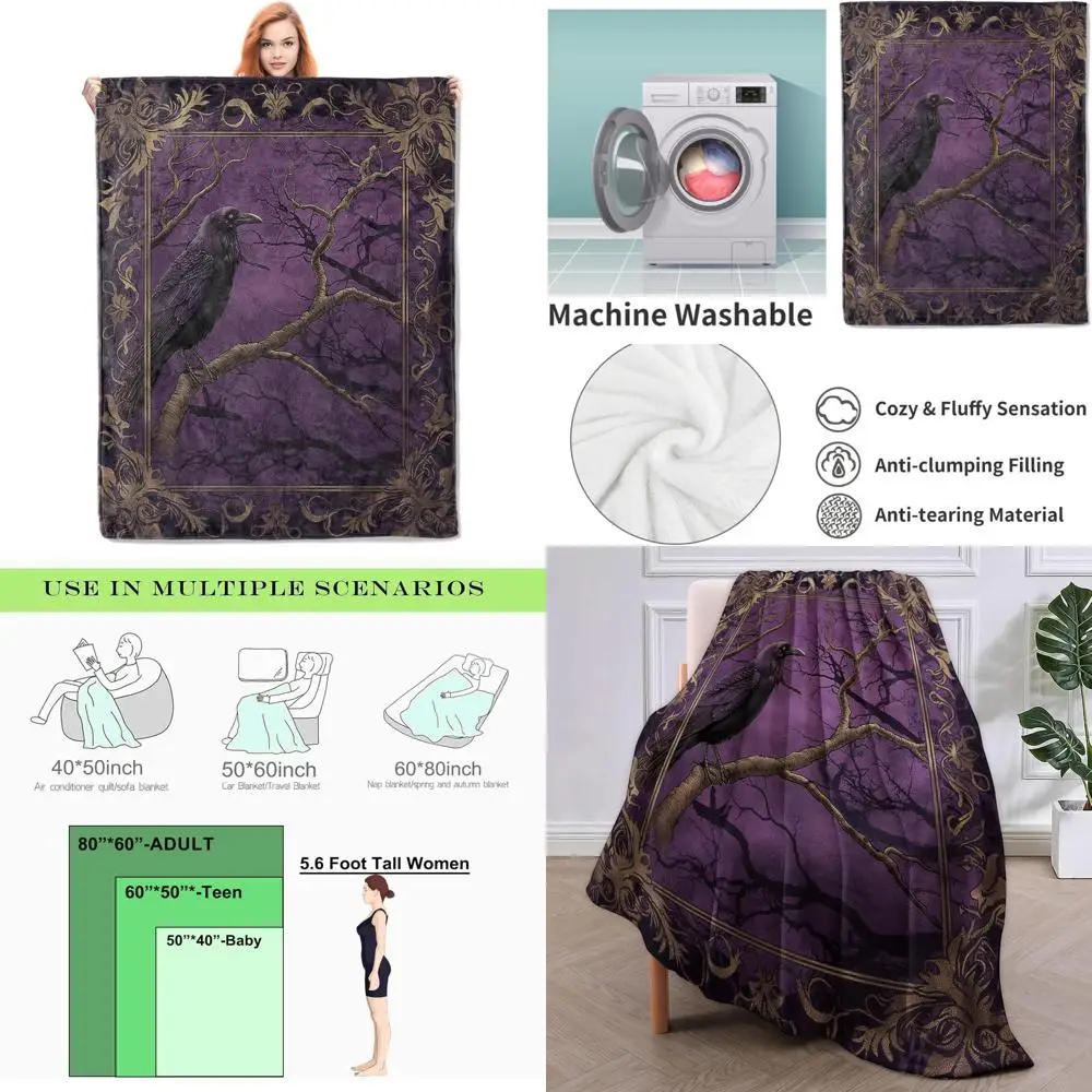 

Elegant Raven-Themed Fleece Blanket: A Cozy Dark Fantasy Art Throw for Adults and Teens