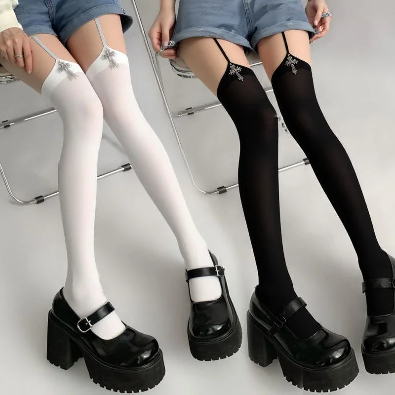 

Gothic Cross Suspender Women Socks Punk Solid Color Thin Thigh High Fashion Sexy Tight Lolita Anime Cosplay Over Knee Stockings