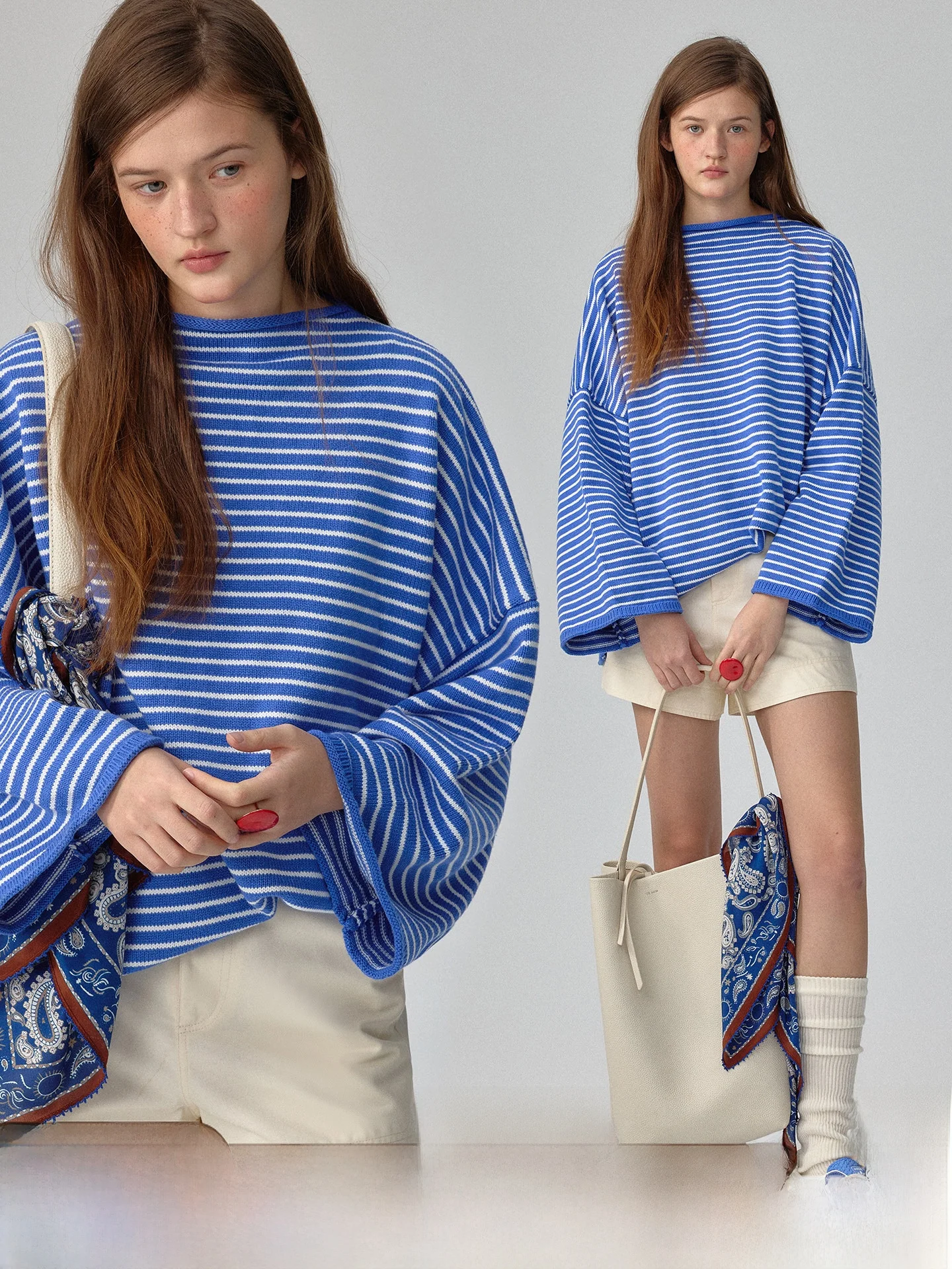 

Свободный женский трикотажный джемпер в сине-белую полоску, повседневный, модный, удобный, хлопковый, с длинным рукавом, круглым вырезом, весенний топ