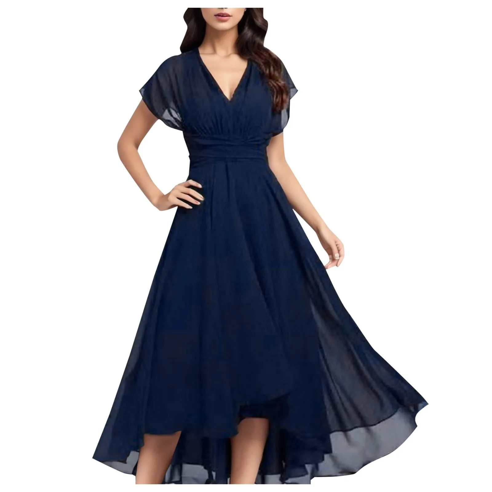 Elegant Evening Long Dresses Ruffles Sleeve Pleated V-Neck Midi 2024 Ever Pretty Of A-Line Navy Blue Chiffon Wedding Guest Dress