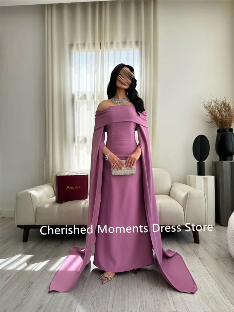 

Elegant Off Shoulder 3/4 Sleeve Satin Mermaid Evening Dresses Arabian Dubai Gowns Tar Taro Purple Draped Floor-Length Prom Gowns