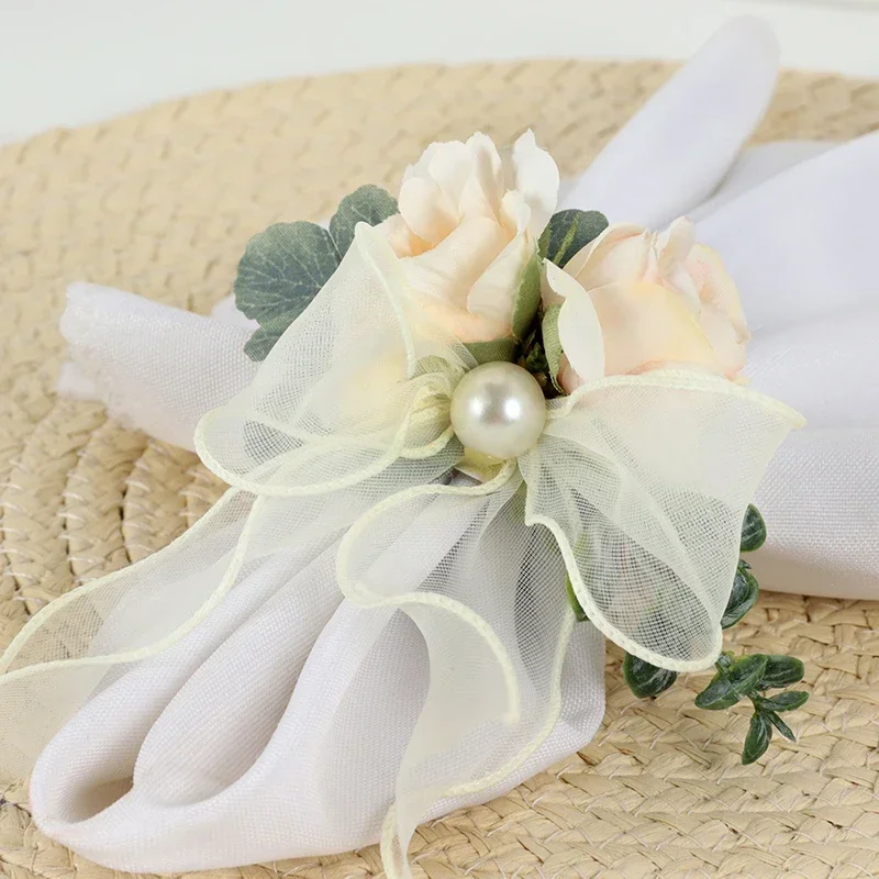PEANDIM Silk Simulation Pearl Napkin Holder Artificial Flower Napkin Rings Wedding Party Table Decoration Home Banquet Supplies
