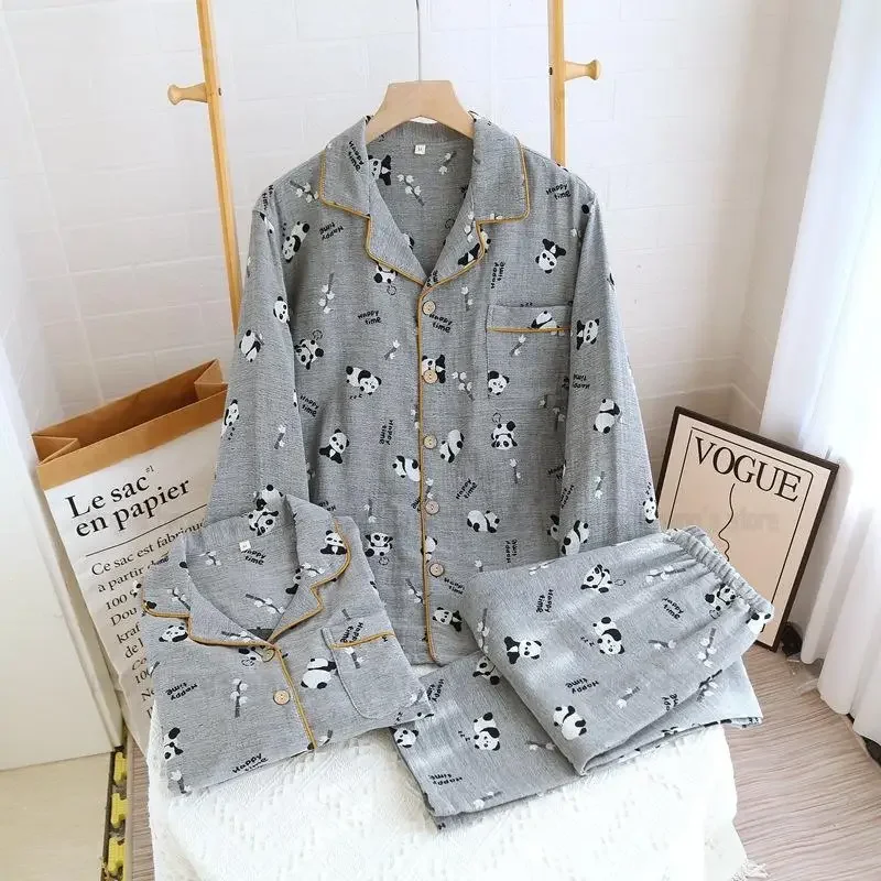 Couple's Cotton Pajamas Set Cute Sleepwear Cartoon Panda Print Nightwear Pijama Mujer Loose Home Clothes 2 Piece Suit Loungewear