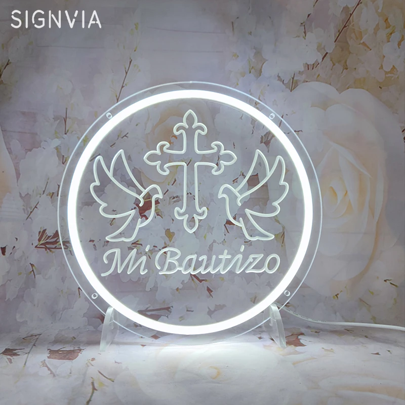 Mi Bautizo LED Neon Sign White Circular USB Wall-Mount Hanging Decor Wall LED Neon Lighting Sign for Parties Home With Lampstand