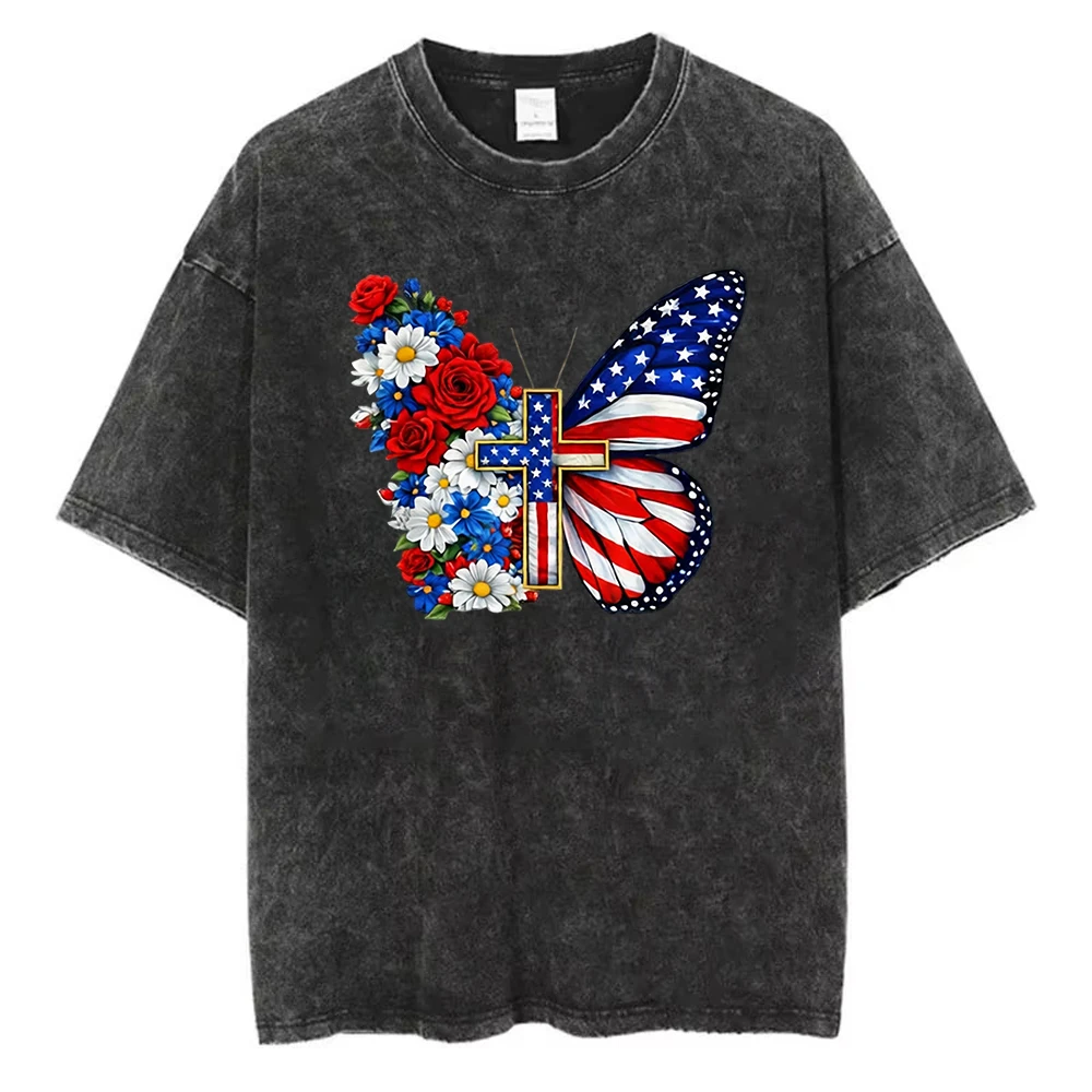 American Flag Butterfly Cross T Shirt Floral Design Vintage Washed Cotton Casual Tops for Patriotic Christian Believers