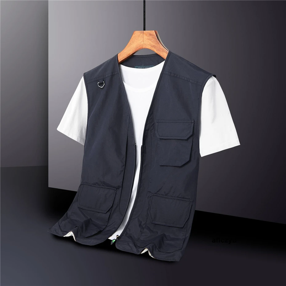 Fishing Vest Men Cargo Vests Waterproof Sleeveless Jacket Fashion Casual Solid Color Vests Male Plus Size 5XL