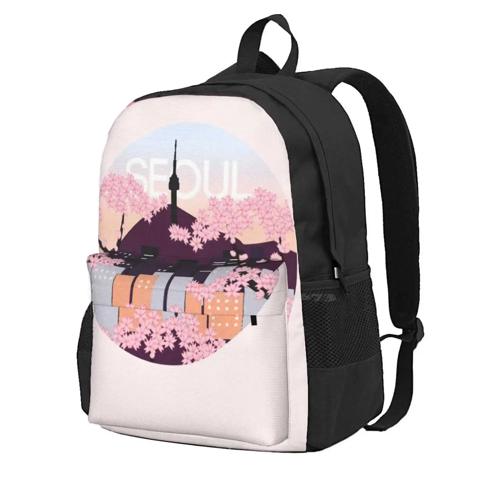 Seoul Tower With Woodblock Style Cherry Blossoms South Korea Hot Sale Schoolbag Backpack Fashion Bags South Korea Souvenir Kpop