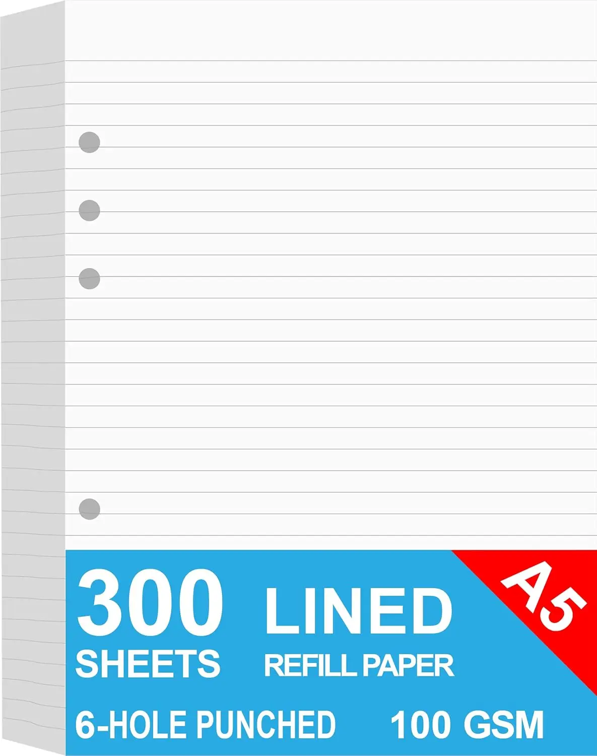 

A5 Lined Refills Paper 300 Sheets/600 Pages, 6 Hole Punched Loose Leaf for Planners and Binders, 100gsm White, 148x210mm