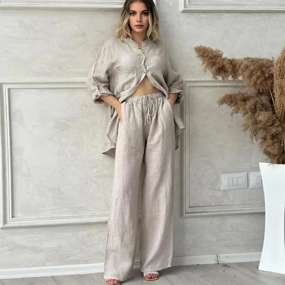 Women Wide Leg Trousers Suit Elegant Women's Shirt Pants Set for Fall Spring Stylish Office Wear Outfit with Stand for Work