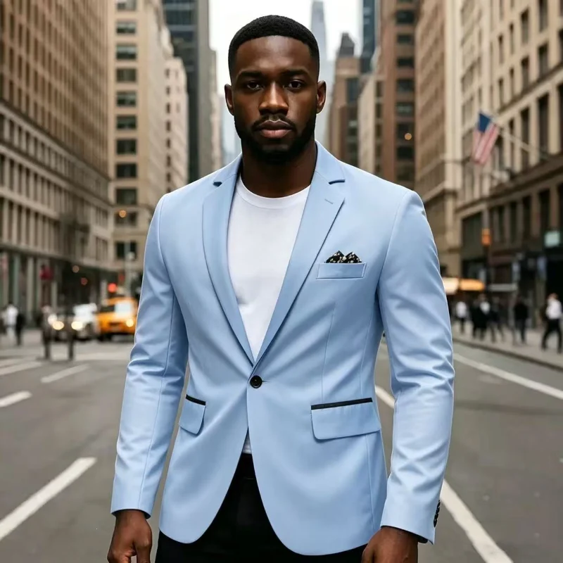 Men Business Casual Blazer Jacket Contrast Trim One Button Formal Suit Coat For Wedding Groomsman Party