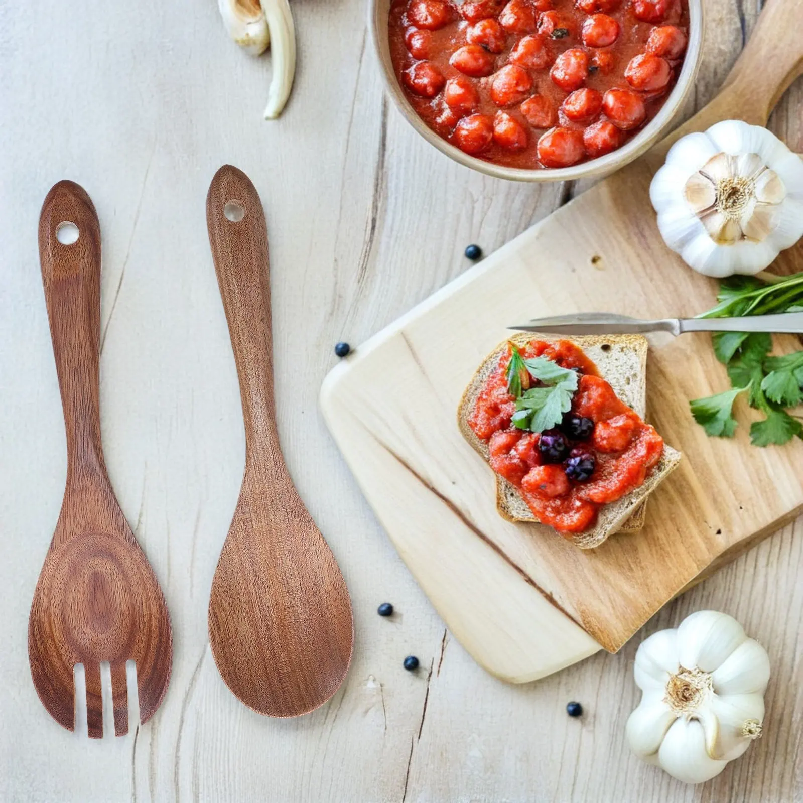 Wood Salad Servers Set – Ergonomic Long-Handle Wooden Fork & Spoon for Salad, Pasta, Dessert Serving