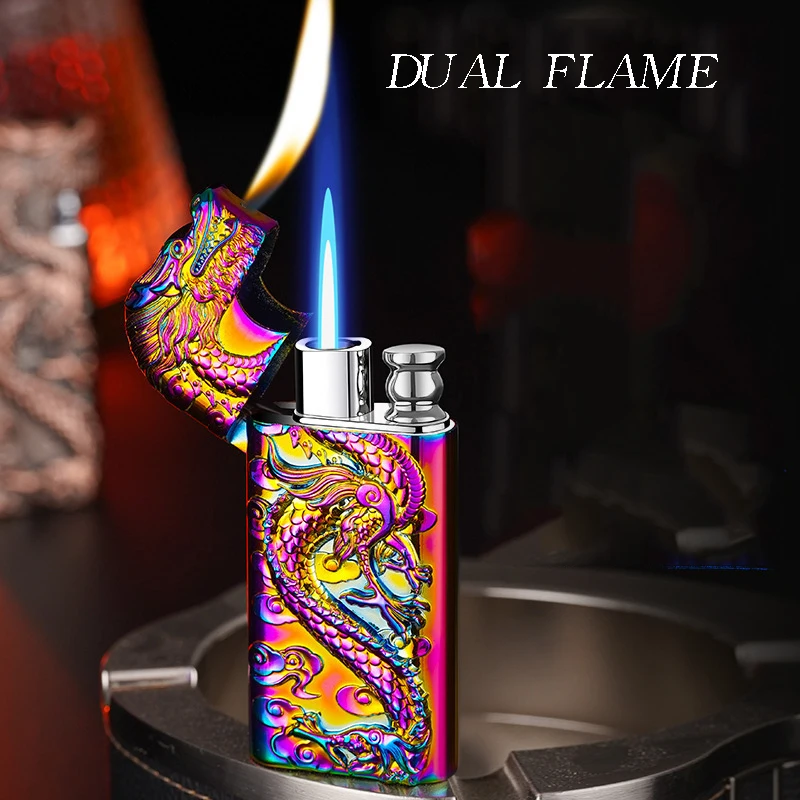 Wholesale of new dual flame direct conversion open flame inflatable lighters with metal three-dimensional relief dragon men\'s li