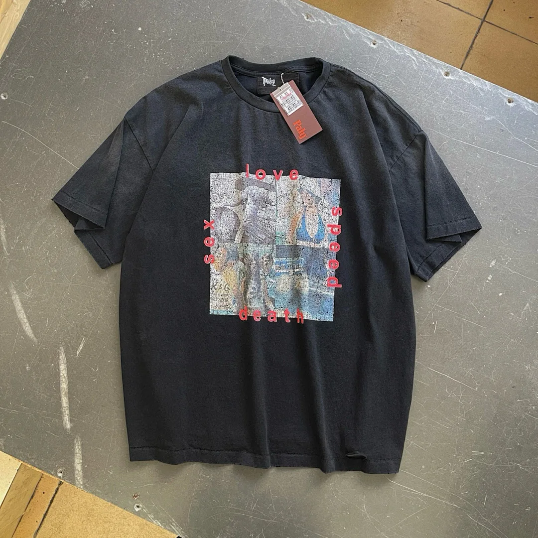 26SS Washed Black Distressed T Shirt Retro Collage Figure Print Ripped Destroyed Short Sleeve Tee Brand Oversized Cotton Tees