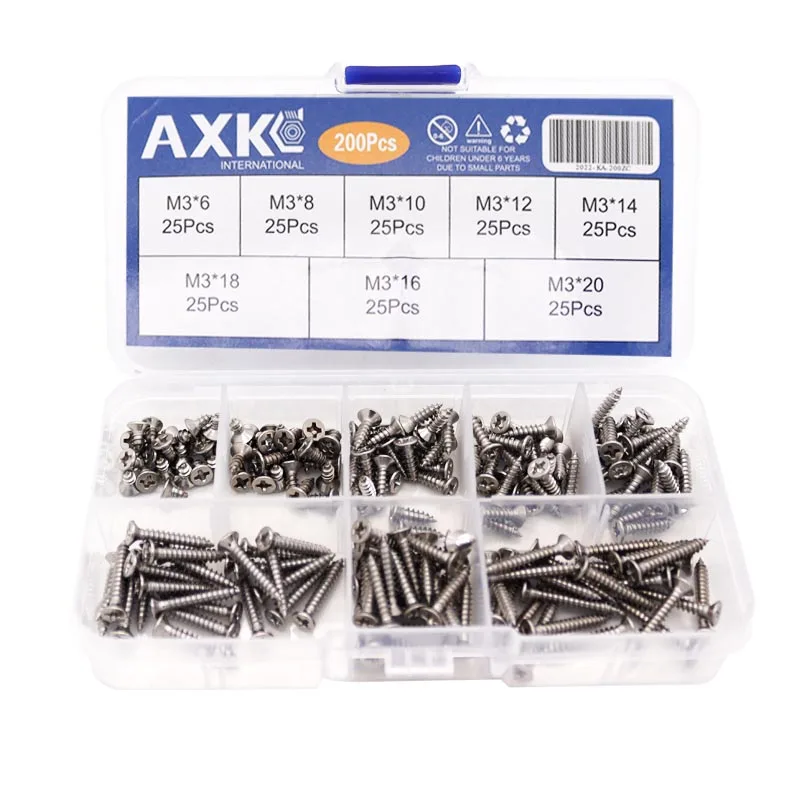 200pcs/set Countersunk flat head tapping screws with cross recessed M3 Screws Philips Screw Stainless Steel Wood Screws