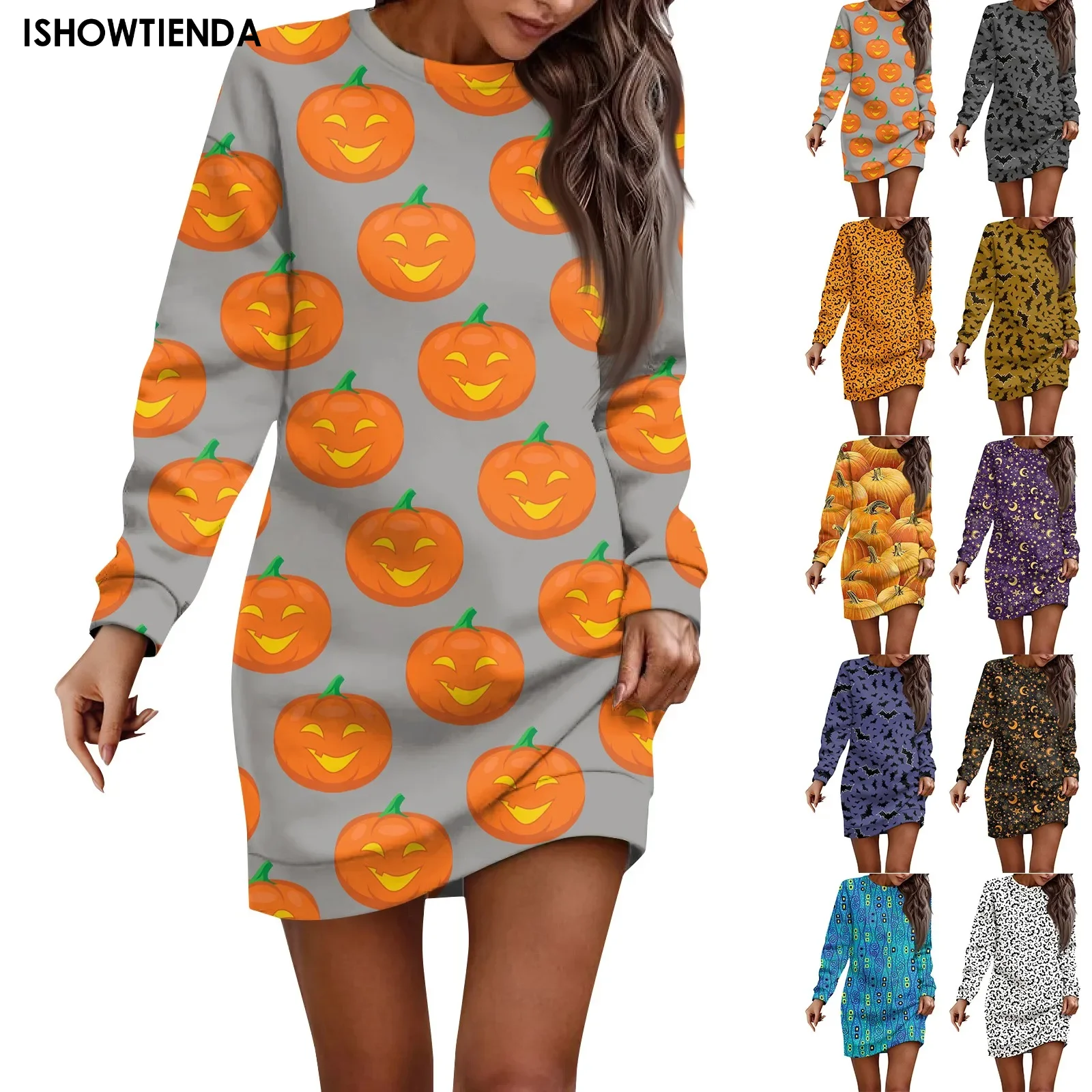 Goth Aesthetic Elegant High Necked Long Sleeved Halloween Print Dress Sexy Slim Mini Dress Fairy Halloween Dresses платье