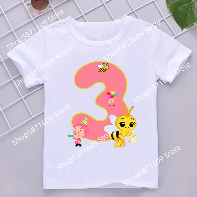 

Girl's Birthday Party T-shirt Personalized Name Numbers 1-9 Bee Balloon Sweet Girl Family Birthday Party Top