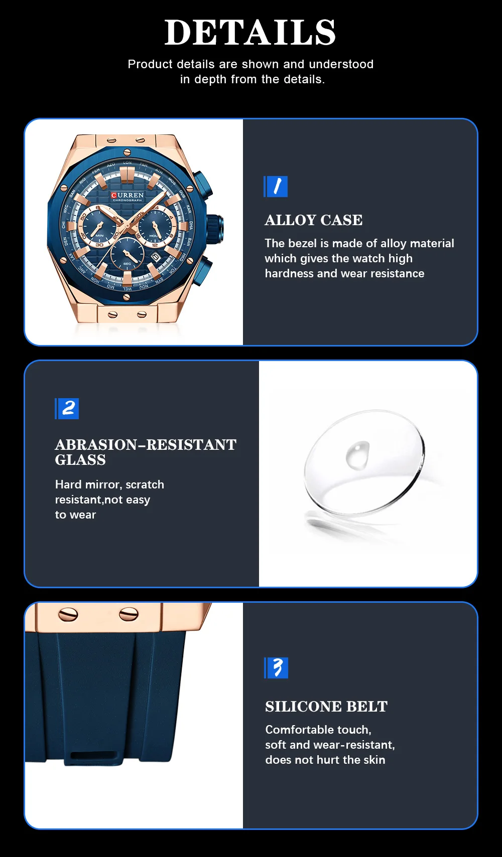 CURREN Luxusmarke Hochwertige Chronograph-Leuchtuhren für Herren mit Silikonarmband, Lässige Sportliche Wasserdichte Quarz-Armbanduhr – Detail 6