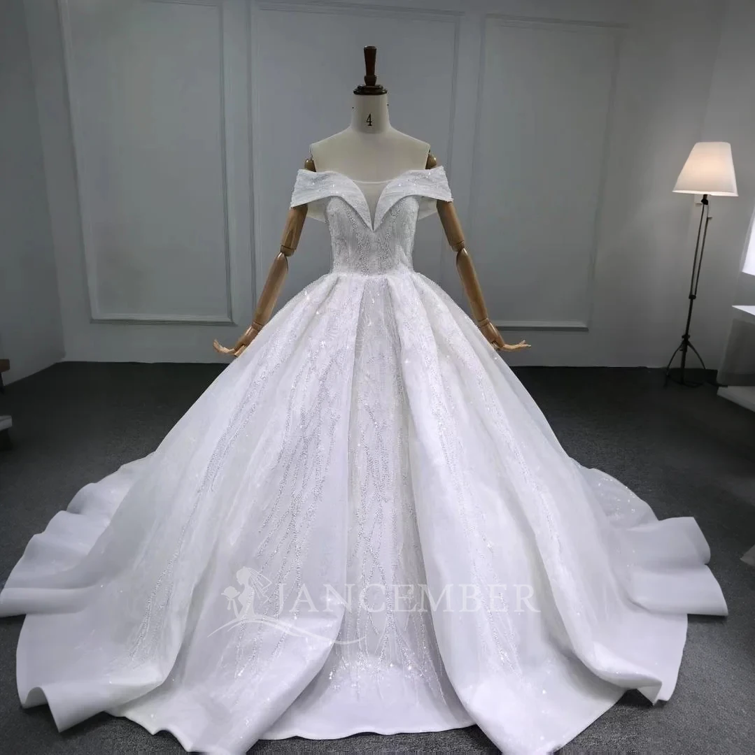 

Off The Shoulder Wedding Dresses Lace Sweetheart Sweep Train Customized Glitter Tulle Luxury платье свадебное Customized