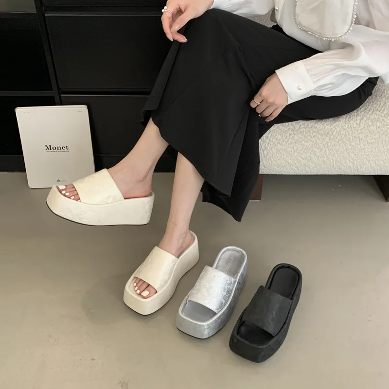 

Silver Heels Slippers Women Wedges Platform Sandals Casual Beach Shoes Black Embroider High Heels Sandalias De Mujer 2025