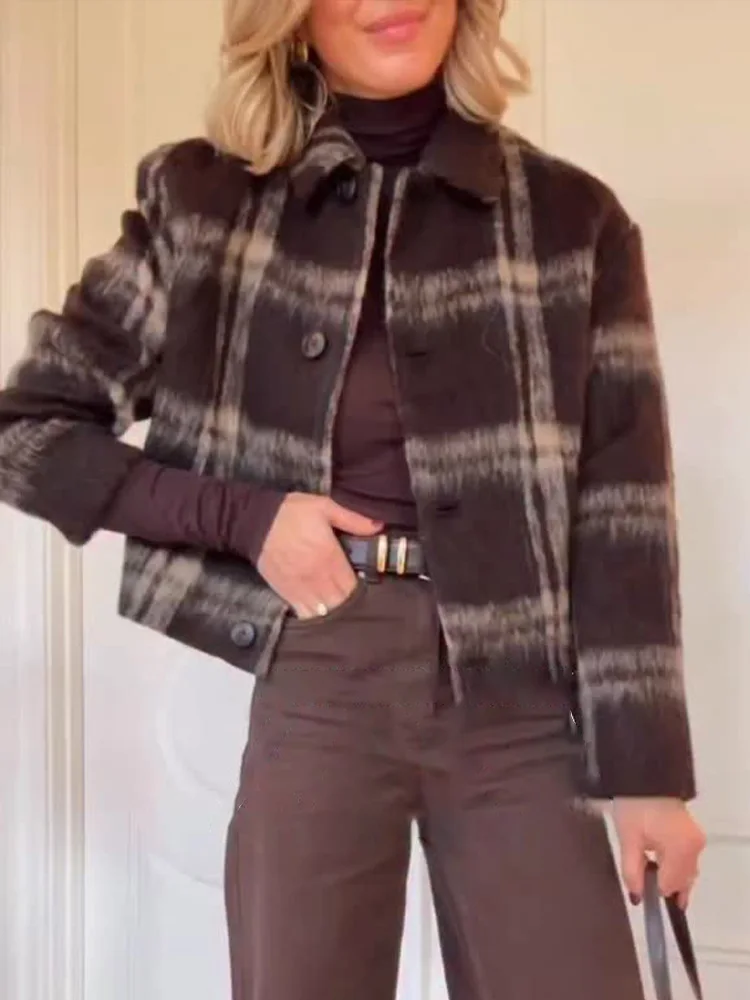 HH Women Loose Turn-down Collar Long Sleeves Single-breasted Plaid Wool Coats Autumn Woman Fashion Pockets Street Short Jacket