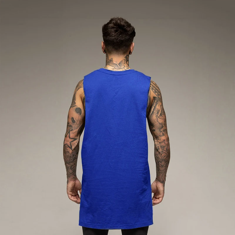 Back Extend Long Fitness Men's Casual Hip-Hop Open Side Cut Off Tank Tops Summer Cotton Breathable Sleeveless Bodybuilding Shirt