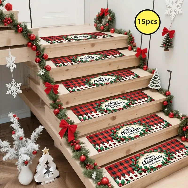 VIKAMA 15pcs Christmas Stair Mat, Anti-slip Stair Carpet, Outdoor and Indoor Protective Step Mat, Christmas Home Decoration